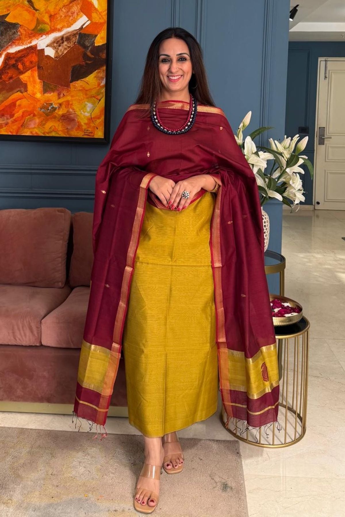 Maheshwari handloom silk by cotton kurta dupatta set
